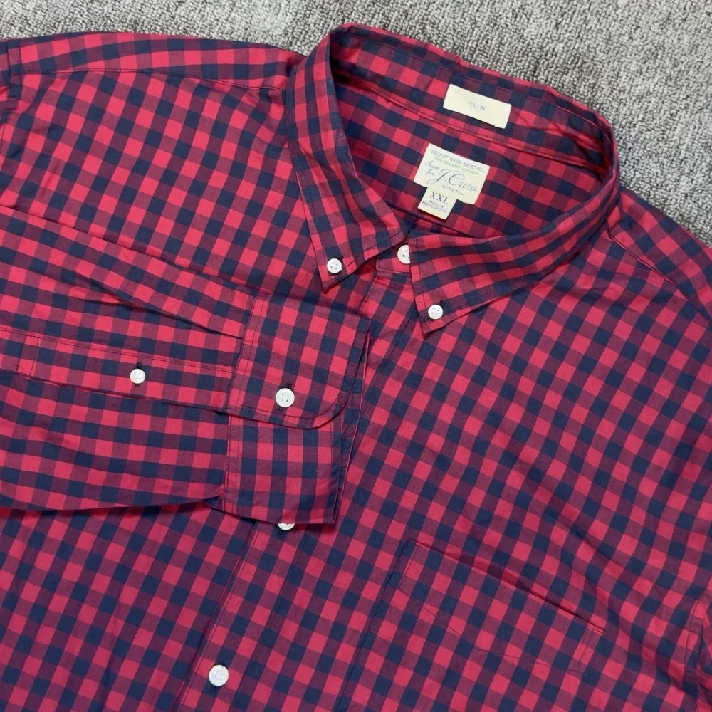 J Crew Mens XXL‎ Slim Fit Stretch Button Down Long Sleeve Shirt Navy Red Plaid